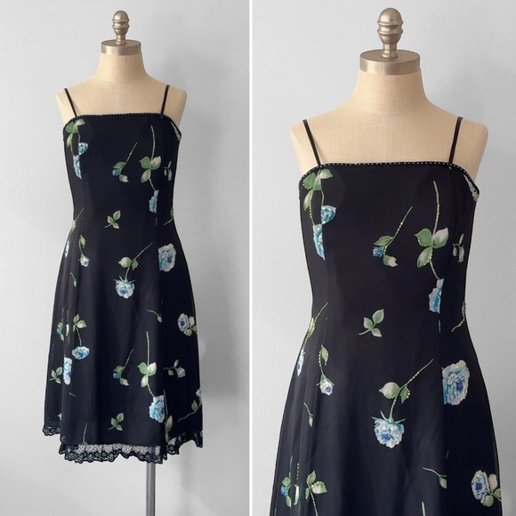 Papell Boutique Evening Black Blue Floral Beaded A-Line Y2K Silk Dress Size 10 - Picture 1 of 9